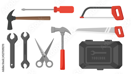 Collection set of tool kit object saw hammer scissors screwer