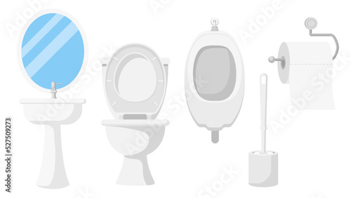 Collection set of toilet object mirror tissue roll toilet brush basin stand bowl urinal