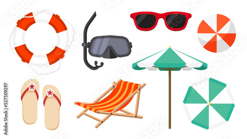 Collection set of summer vacation object umbrella reclining beach chair sunglass scuba mask flip flops rubber ring