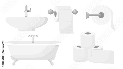 Collection set of bathroom object tissue roll bathtub basin