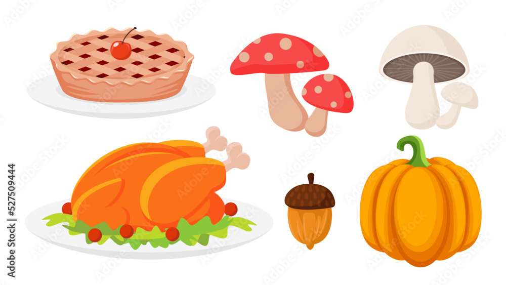 Fototapeta premium Collection set of food object for Autumn pumpkin roast turkey mushroom chestnut cherry pie