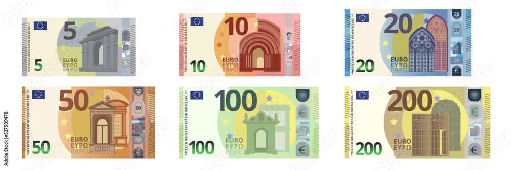 Collection set of cartoon Euro paper money - obrazy, fototapety, plakaty 
