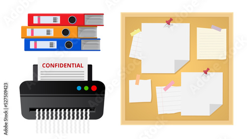Collection set of stationery obejct file folders shredder bulletin board memo note