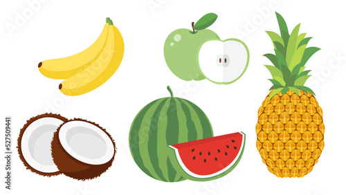 Fototapeta Naklejka Na Ścianę i Meble -  Collection set of fruit object banana apple pineapple watermelon coconut
