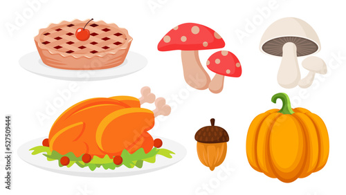 Collection set of food object for Autumn pumpkin roast turkey mushroom chestnut cherry pie