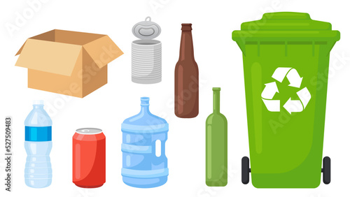 Collection set of recycled garbage object trash bin plastic bottle paper box can glass bottle