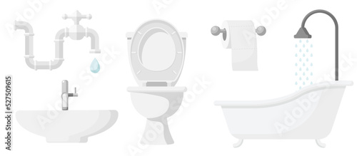 Collection set of bathroom objects bathtub toilet faucet tissue roll basin