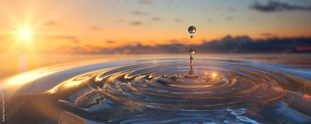Clear Water drop with circular waves on sunset background Clear Water drop with circular waves on sunset background