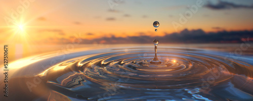 Clear Water drop with circular waves on sunset background