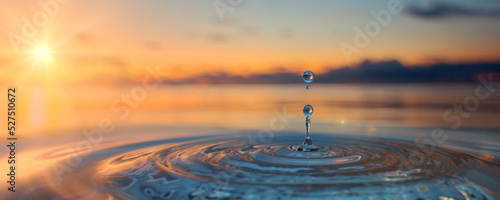 Clear Blue Water drop with circular waves on sunset background