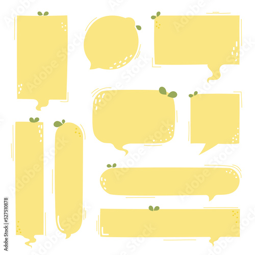 collection set of hand drawn line frame border, blank speech bubble balloon cute lemon circle and square shape, pastel color, think, speak, talk, text box, banner, flat design vector illustration