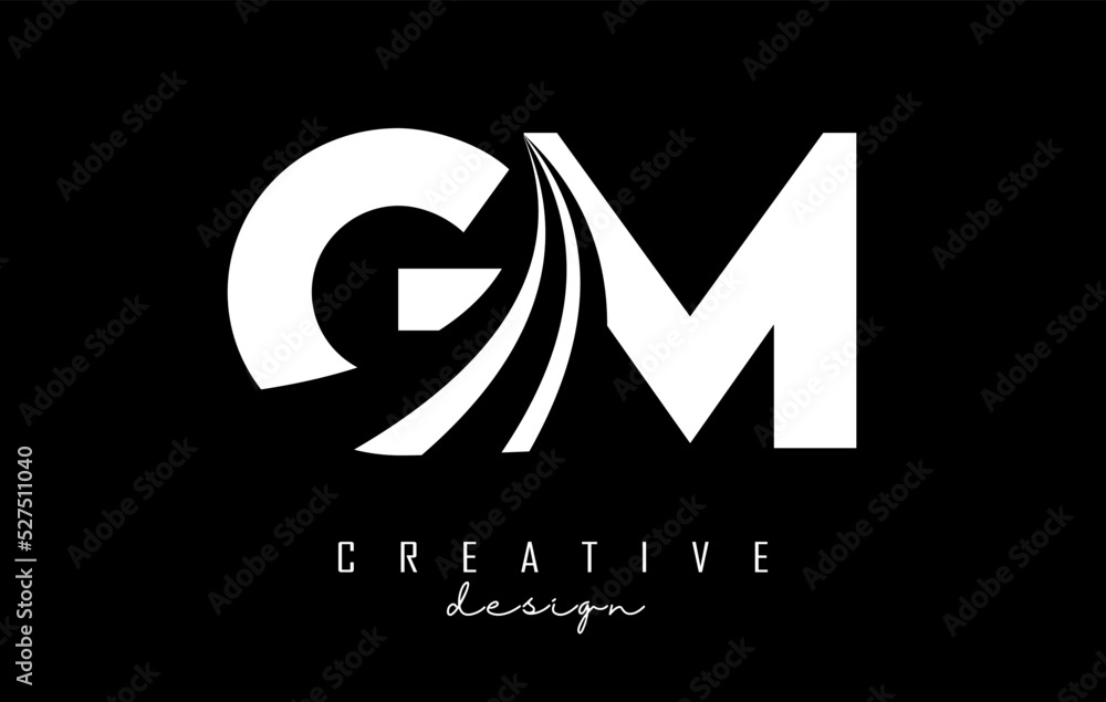 Creative white letters GM g M logo with leading lines and road concept design. Letters with geometric design.