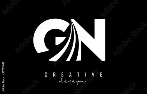 Creative white letters Gn g n logo with leading lines and road concept design. Letters with geometric design.