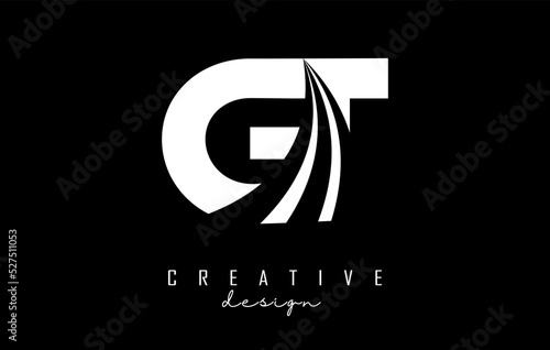 Creative white letters GT g t logo with leading lines and road concept design. Letters with geometric design.