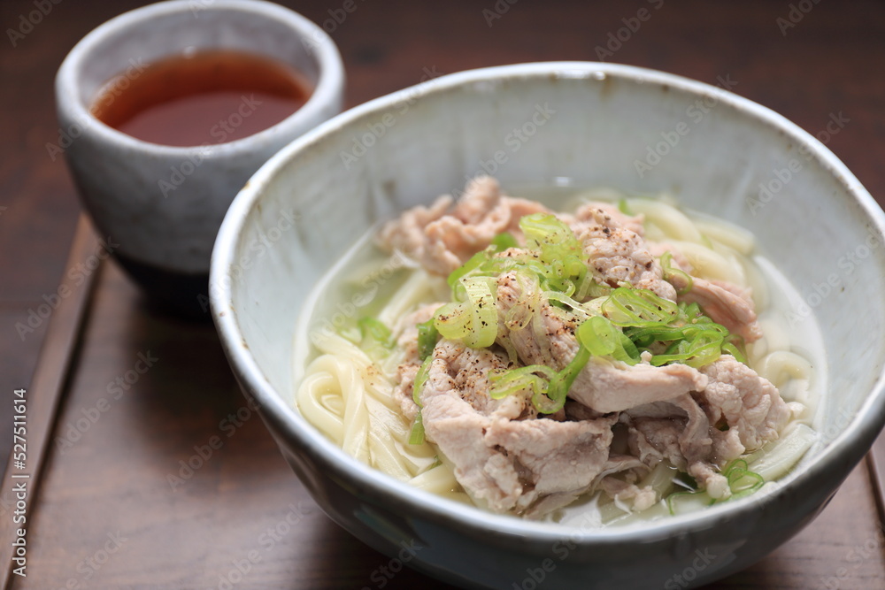 One of the representative foods of Japan, udon noodles and chopsticks on a pottery bowl One of the representative foods of Japan, udon noodles and chopsticks on a pottery bowl