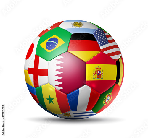 Football soccer ball with team national flags. 3D illustration isolated on white background