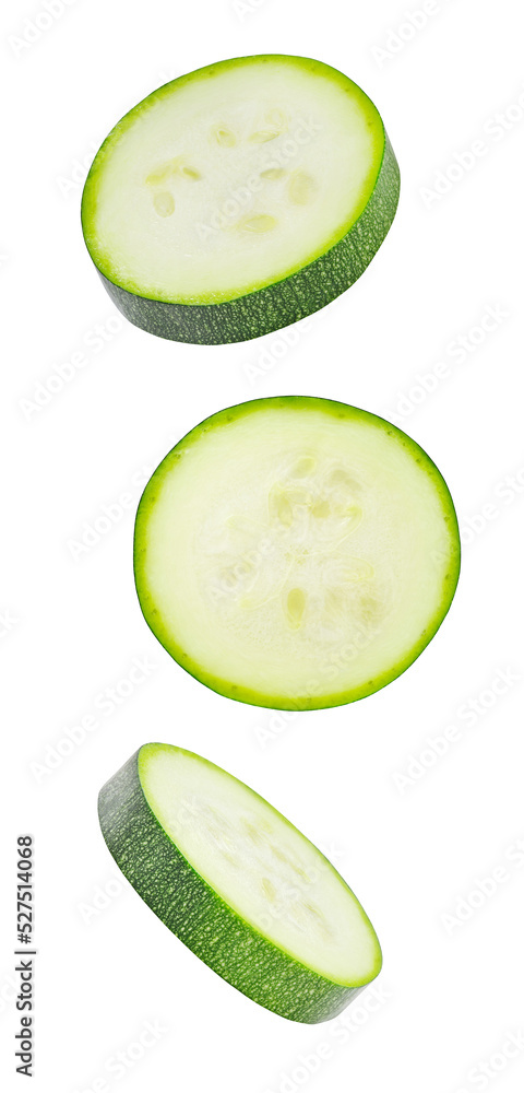 Zucchini, sliced round pieces, falling, hanging, flying, soaring, isolated on white background with clipping path. Zucchini, sliced round pieces, falling, hanging, flying, soaring, isolated on white background with clipping path.