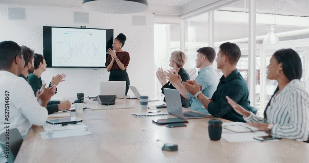 Business meeting success and hand applause for innovation and team presentation in corporate company boardroom. Woman manager with leadership in staff finance target discussion, seminar or workshop