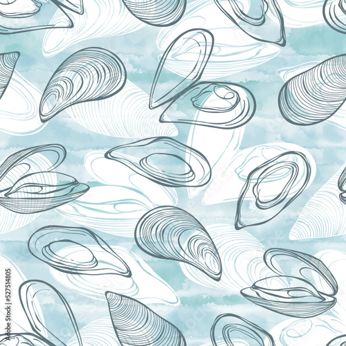 Seamless pattern with mussels on blue watercolor background. Food vector Illustration. Templates for menu design, packaging, restaurants and catering. Hand drawn images.