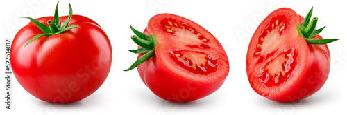 Tomato isolated. Tomato set: whole, half, slice on white background. Cut tomato side view. Collection with clipping path. Full depth of field.
