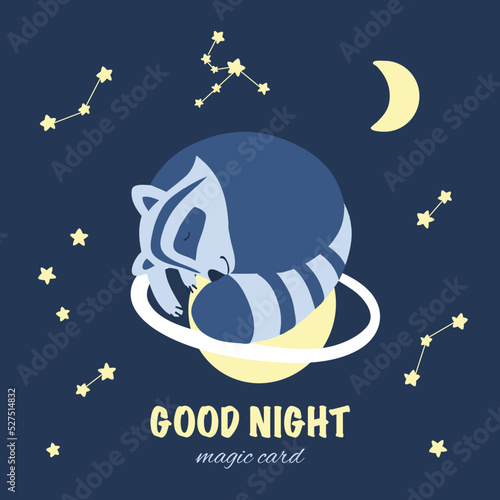 Decorative vector sleeping raccoon lying, stars, moon isolated on blue background, wild mammal, hand drawn illustration cute animal for design good night card, children cartoon poster for kids