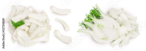 fresh fennel bulb slices isolated on white background . Top view. Flat lay