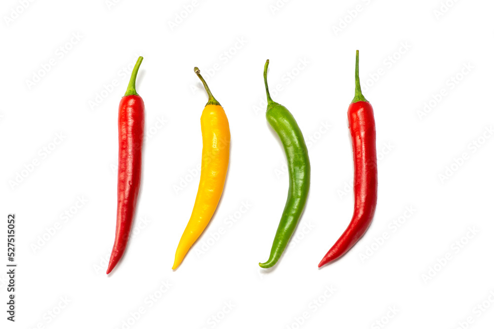 four hot peppers, red, green and yellow,  on a white background