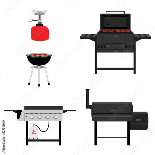 Different types BBQ barbecue grills isolated set.
