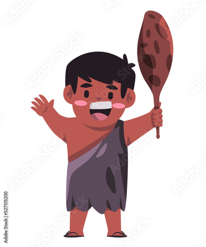 Prehistoric character holding club cudgel illustration of happy child wearing caveman clothes