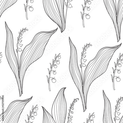 Seamless pattern Lily of the valley, Convallaria flower, line art muguet isolated on white background, botanical hand drawn vector outline illustration for design greeting card, wedding invite