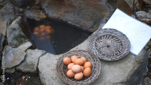 Boiled eggs or eggs boiled in the natural hot water of the mountains photo
