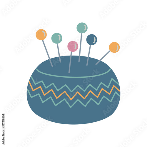 Blue pincushion for needles. Sewing equipment. Hand drawn vector illustration isolated on white background. Modern flat cartoon style.