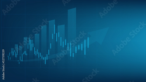 economy situation concept. Financial business statistics with bar graph and candlestick chart show stock market price and currency exchange on blue background