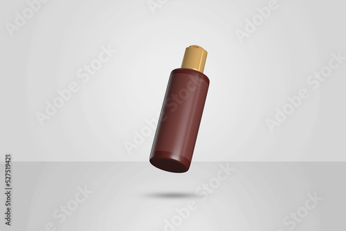 Ayurveda Veda Amber brown liquid plastic bottle in air 3d render mockup on gray background