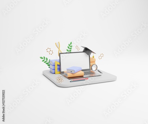 Learn online 3d rendering with laptop book graduation cap, learning concepts with online courses using the netbook