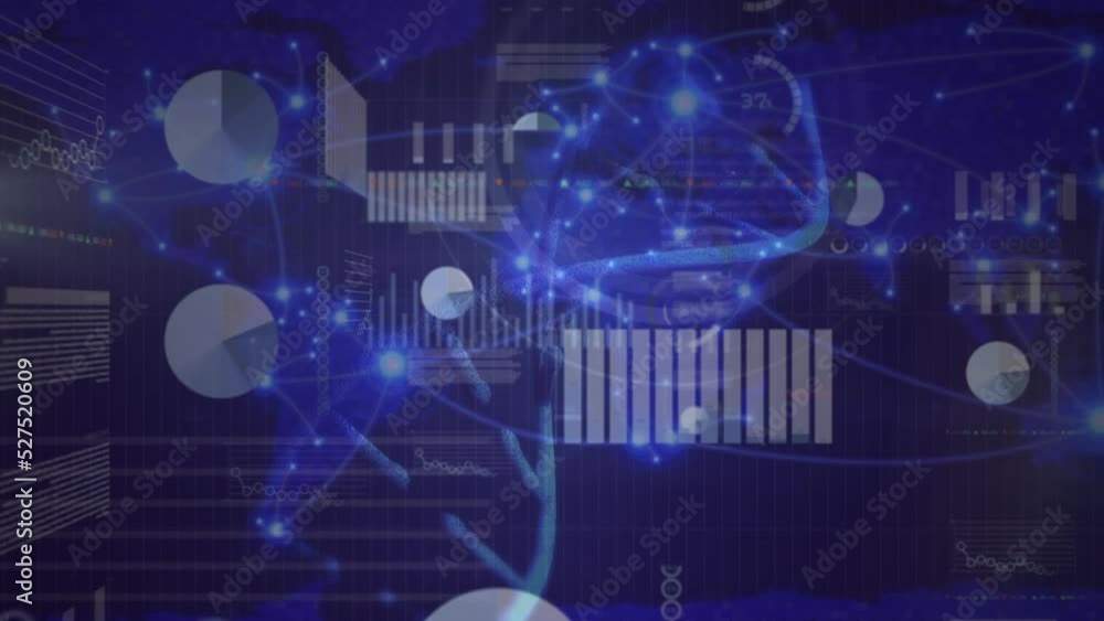 Animation of infographic interface with dna helix over illuminated lights in background Animation of infographic interface with dna helix over illuminated lights in background