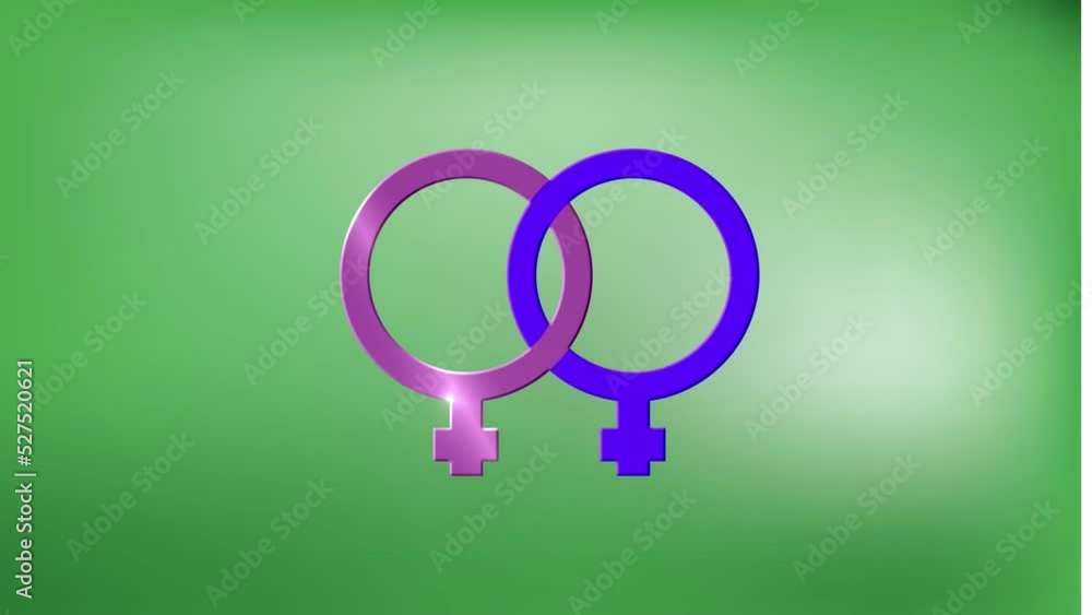 Animation of purple and blue female gender symbols against green background, copy space Animation of purple and blue female gender symbols against green background, copy space
