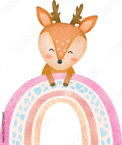 cute watercolor baby deer, watercolor bambi cartoon, cute deer sitting on the rainbow, baby nursery Deer, baby animal set clip art, isolated
 photo