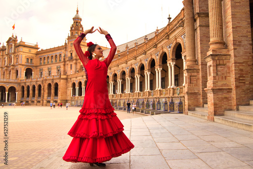 Print op canvas Beautiful teenage woman dancing flamenco in a square in Seville, Spain