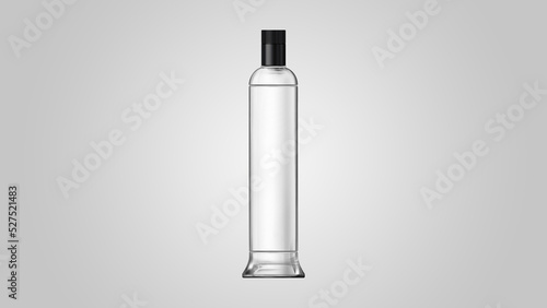 Liquor vodka transparent glass bottle mockup on gray background