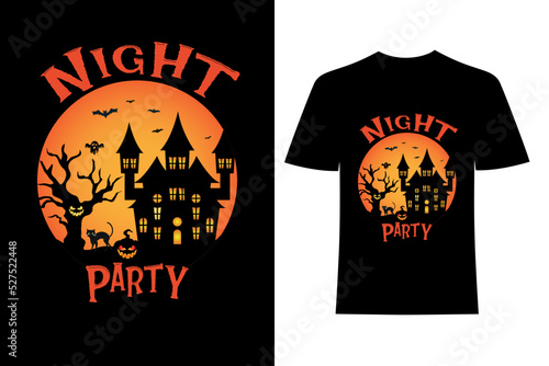 Night Party Halloween T-Shirt Design Vector Graphic. scary devil soul house, bats, tree t shirt design with eye-catching vector.