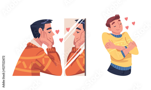 Self Love with Man Character Admiring Himself Looking in Mirror Delighted with His Appearance Reflection Vector Set