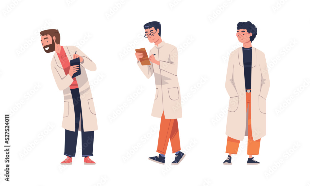Man Scientist Character in White Coat Conducting Experiment and Research Vector Set Man Scientist Character in White Coat Conducting Experiment and Research Vector Set