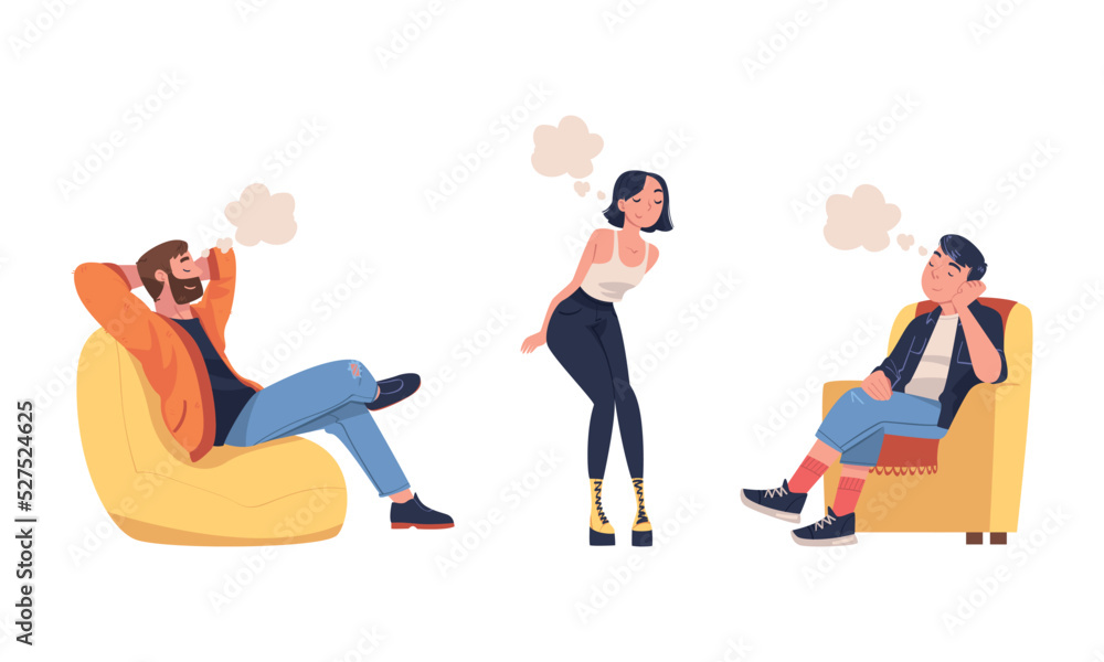 Fototapeta premium Man and Woman Character Dreaming Imagining and Fantasizing Having Spontaneous Thought in Bubble Vector Set