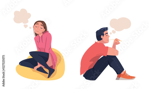 Man and Woman Character Dreaming Imagining and Fantasizing Having Spontaneous Thought in Bubble Vector Set