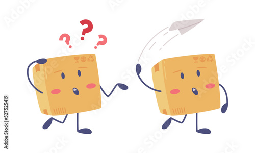 Cute Delivery Cardboard Box Character Asking Question and Flying Paper Plane Vector Set