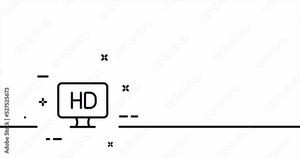 Computer display with HD text. Watch film, movie, series, playback, entertainment, have a rest, hobby. Technology concept. One line drawing animation. Motion design. Animated technology logo. Video 4K Computer display with HD text. Watch film, movie, series, playback, entertainment, have a rest, hobby. Technology concept. One line drawing animation. Motion design. Animated technology logo. Video 4K