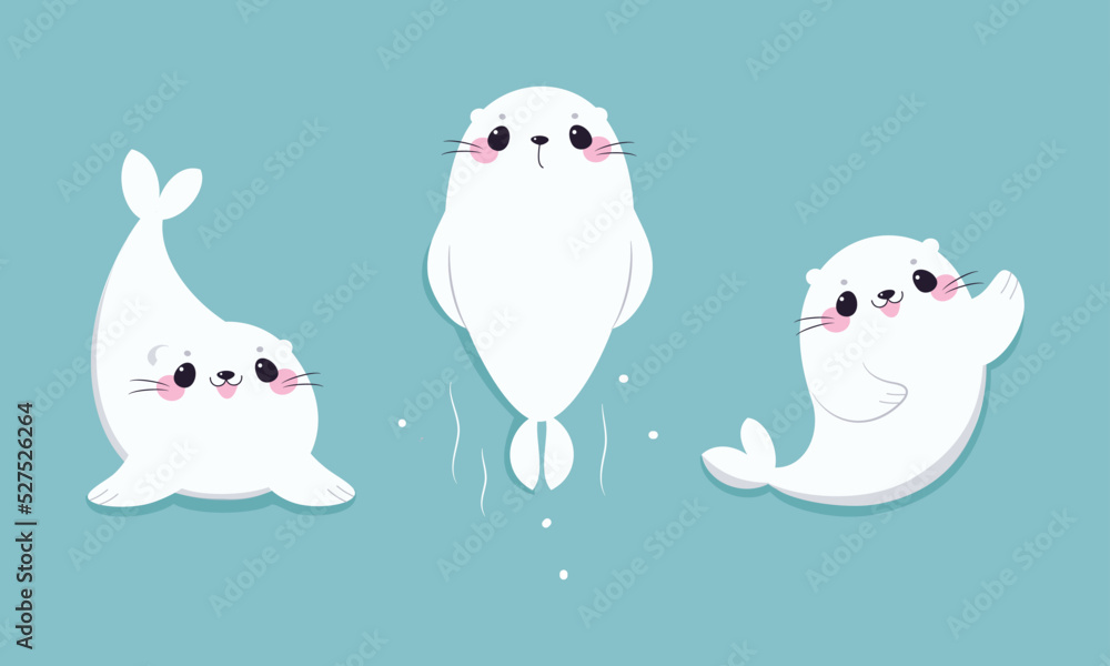 Cute Seal with White Fur and Pink Cheeks on Blue Background Vector Set