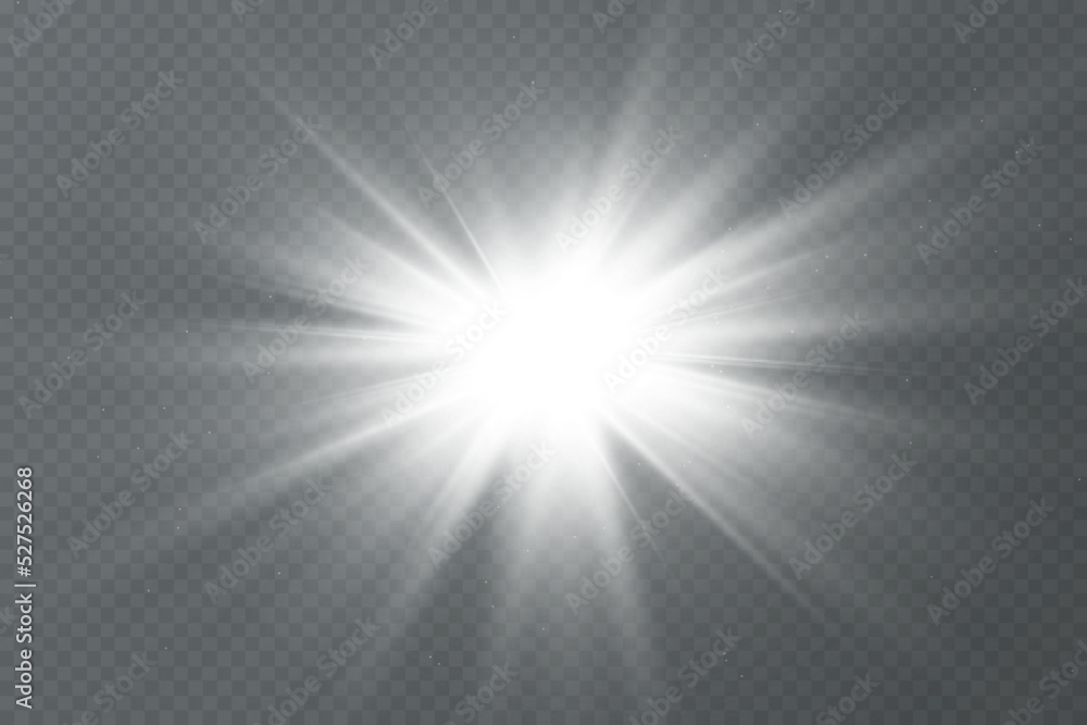 White sparkles.Bright star.Glow burst.Rays of the sun on a transparent background.