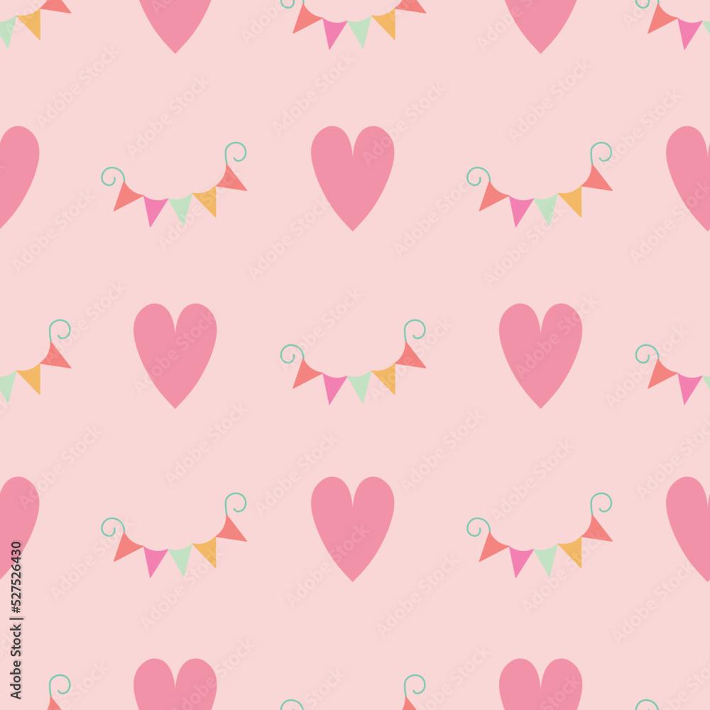 Pink hearts and buntings seamless repeat pattern on pink background for kids suitable for clothes, nursery, fabric, home decor, wrapping paper etc.